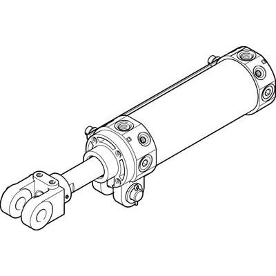 Rysunek techniczny cylindra hydraulicznego z punktami mocowania na obu końcach, typowy element stosowany w budowie maszyn i przemyśle.