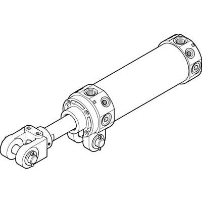 Rysunek techniczny cylindra hydraulicznego z tłoczyskiem, przedstawiający możliwości mocowania na obu końcach; ukazuje strukturę i komponenty.
