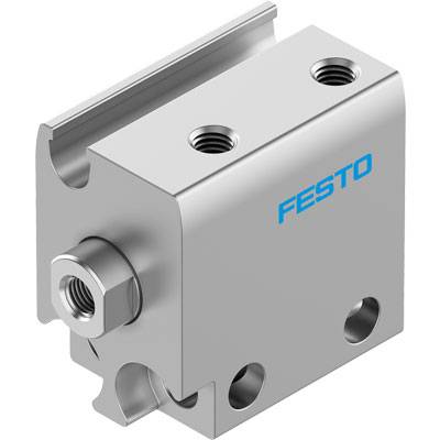 Metalowy cylinder pneumatyczny z niebieskim logo 'FESTO', przeznaczony do zastosowań przemysłowych.