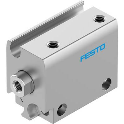 Srebrny cylinder pneumatyczny z niebieskim napisem 'FESTO', przedstawiający złącza i punkty mocowania.