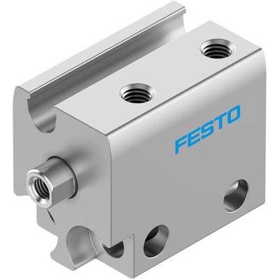 Srebrny cylinder pneumatyczny Festo z wieloma punktami mocowania i przyłączami.