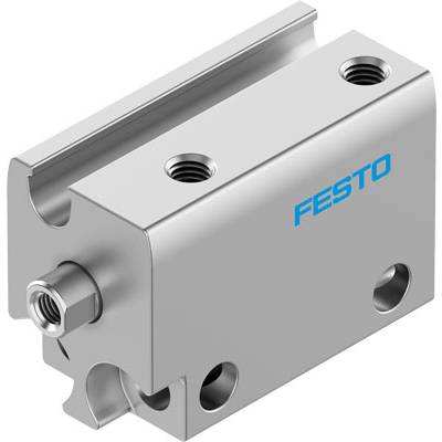 Srebrny cylinder pneumatyczny z niebieskim logo 'Festo' na powierzchni, widoczne cztery otwory montażowe.