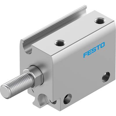 Srebrny cylinder pneumatyczny firmy Festo z gwintem lewym. Odpowiedni do zastosowań mechanicznych, kompaktowy i wytrzymały.