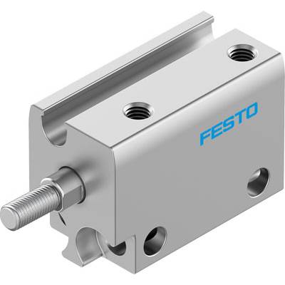 Pneumatyczny cylinder marki Festo, w kompaktowej zabudowie, z otworami mocującymi i widocznym tłoczyskiem.
