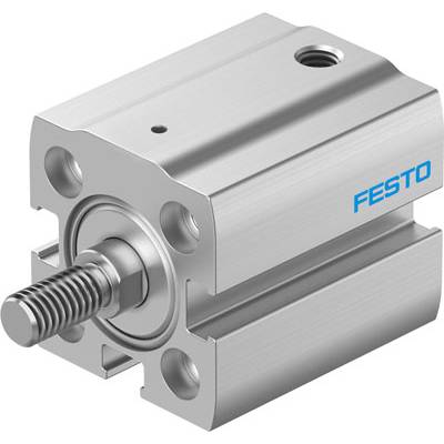 Kompaktowy cylinderek pneumatyczny z metalu z tłokiem wystającym z przedniej strony. Po prawej stronie logo 'FESTO'.