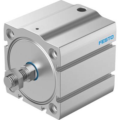 Srebrny, kwadratowy cylinder pneumatyczny z niebieskim logo 'FESTO' na boku. Posiada centralną śrubę i otwory mocujące.