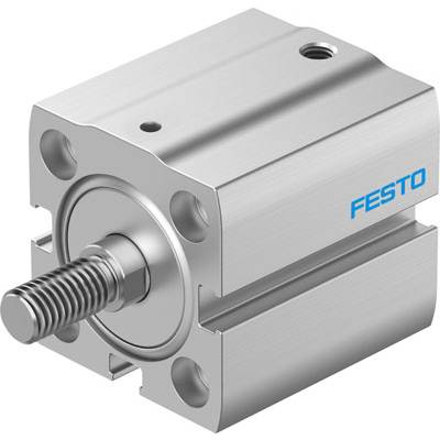 Srebrny cylinder pneumatyczny z niebieskim napisem 'FESTO' po lewej stronie, prezentuje techniczną funkcjonalność i możliwości zastosowań.