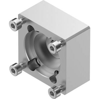 Blok metalowy z cylindrycznym wycięciem i czterema śrubami w narożnikach, prawdopodobnie element maszyny lub komponenta obudowy.