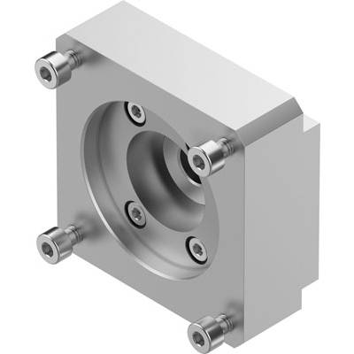 Metalowy element z kwadratową ramą i centralnym, cylindrycznym wycięciem. Cztery śruby w narożnikach mocują element.