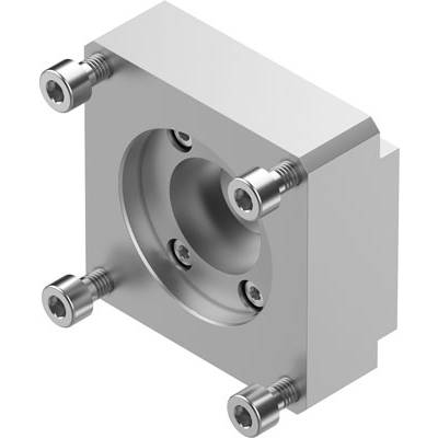 Blok metalowy z okrągłym wgłębieniem pośrodku i czterema śrubami po bokach, prawdopodobnie element jakiegoś urządzenia technicznego lub silnika.