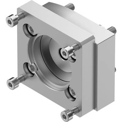 Cylindryczny element metalowy w kwadratowym uchwycie, mocowany śrubami w narożnikach, prawdopodobnie będący częścią urządzenia mechanicznego.
