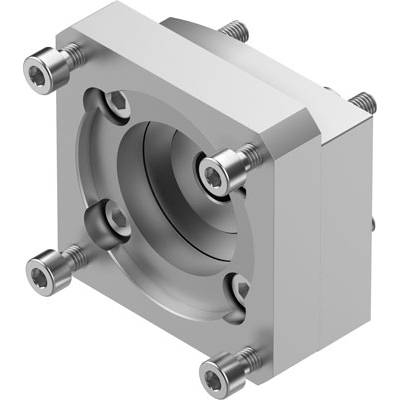 Blok metalowy z kilkoma śrubami wkręconymi w narożniki. Projekt wskazuje na element techniczny.