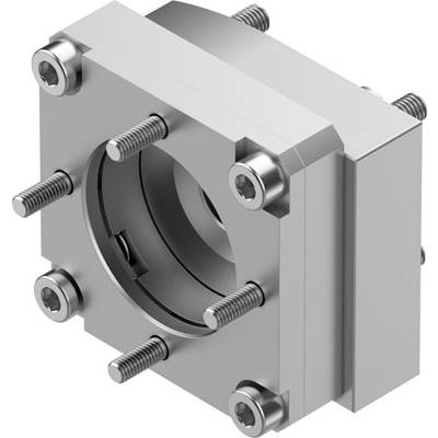 Metalowy adapter kołnierzowy, kwadratowy z zaokrąglonymi krawędziami, z wieloma śrubami i centralnym otworem, widziany z góry.