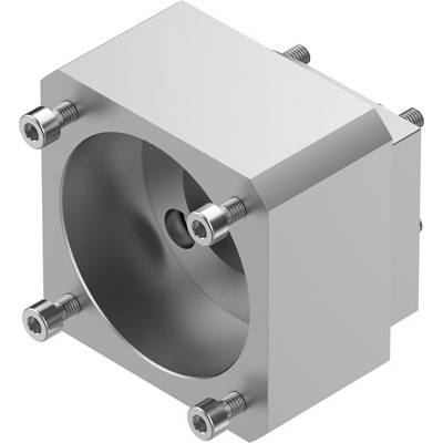 Metalowy sześcian z centralnym, okrągłym otworem i kilkoma śrubami po bokach, prawdopodobnie stanowiący element systemu mechanicznego.
