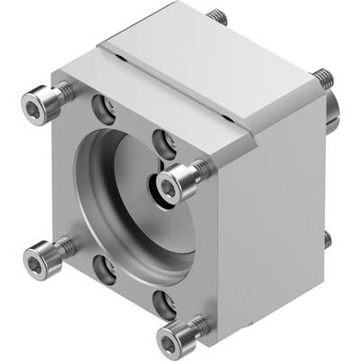 Srebrny, kwadratowy blok metalowy z śrubami i centralnym otworem okrągłym, prawdopodobnie element urządzenia mechanicznego.