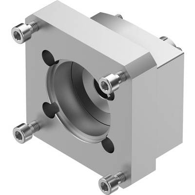 Srebrny element metalowy z centralnym, okrągłym otworem i pięcioma śrubami w narożnikach, używany do montażu lub łączenia.