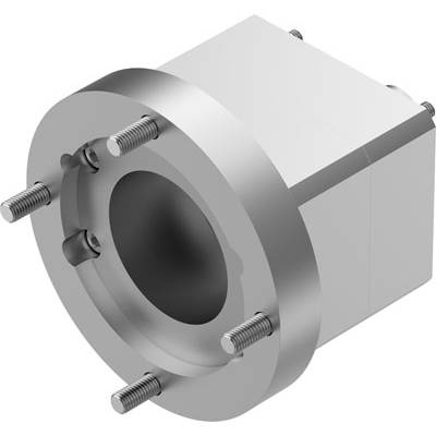 Metalowy element o kształcie cylindrycznym z śrubami, prawdopodobnie część maszyny lub adapter.