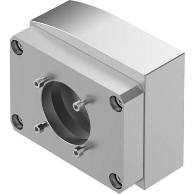 Blok metalowy z cylindrycznym otworem i czterema śrubami w narożnikach. Może być elementem maszyny mechanicznej lub przemysłowej.