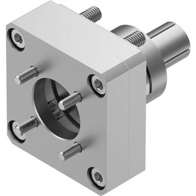 Metalowy element o kwadratowej podstawie, z centralnym otworem i czterema śrubami. Służy do mocowania w zastosowaniach mechanicznych.