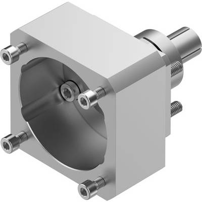 Metalowy element maszynowy z kwadratową obudową i wieloma śrubami, prawdopodobnie stanowiący część większego systemu mechanicznego.