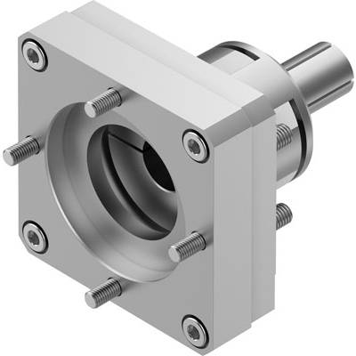 Kwadratowy element metalowy z śrubami i mocowaniem cylindrycznym, typowo stanowiący część urządzenia mechanicznego lub maszyny.
