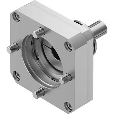 Metalowa klamra z cylindrem i czterema śrubami w każdym narożniku, prezentująca techniczne szczegóły części maszyny.