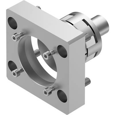 Metalowy element łączący z okrągłym kołnierzem i pięcioma śrubami, często stosowany w połączeniach przemysłowych lub mocowaniach mechanicznych.