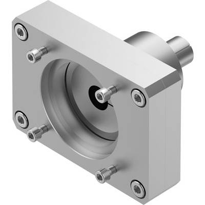 Metalowy element maszyny z czterema śrubami w narożnikach, cylindrycznym złączem i okrągłym wycięciem pośrodku.