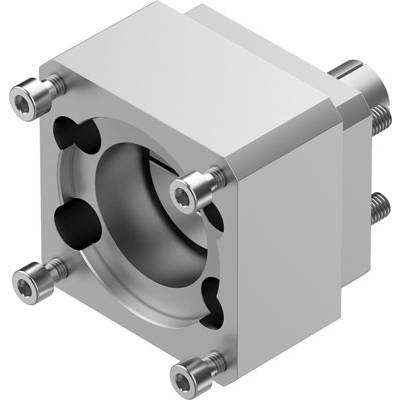 Metalowy element maszyny z cylindrycznym wnętrzem, otoczony prostokątną strukturą zewnętrzną i czterema widocznymi śrubami.