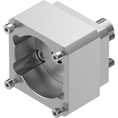 Kwadratowa metalowa obudowa z widocznymi śrubami, która otacza wewnętrzny element cylindryczny.