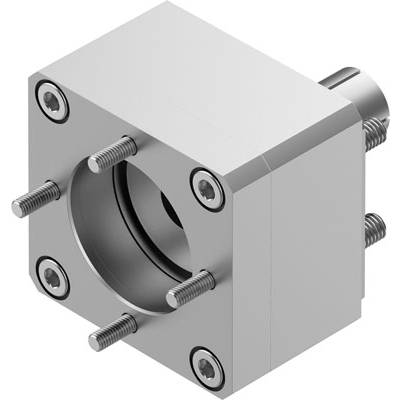 Kwadratowy blok metalowy z śrubami i centralnym cylindrem do mocowania w konstrukcjach mechanicznych.