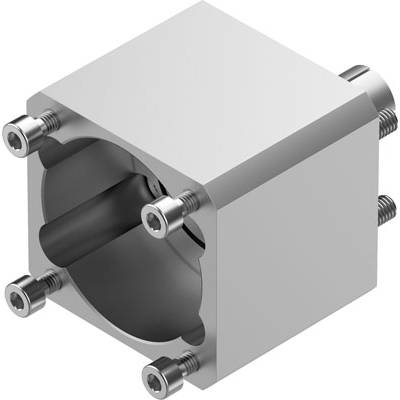 Metalowy sześcian z otwartym wewnętrznym cylindrem, połączony pięcioma śrubami w narożnikach.