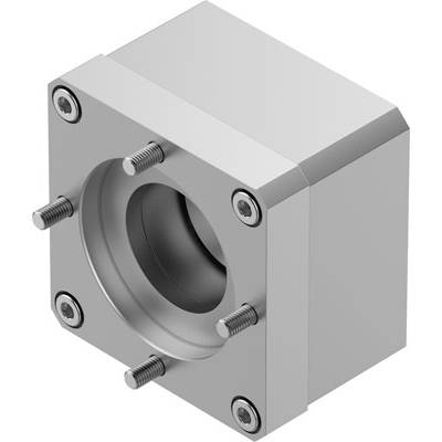 Blok metalowy z cylindrycznym łożyskiem pośrodku, zamocowany czterema śrubami w narożnikach.