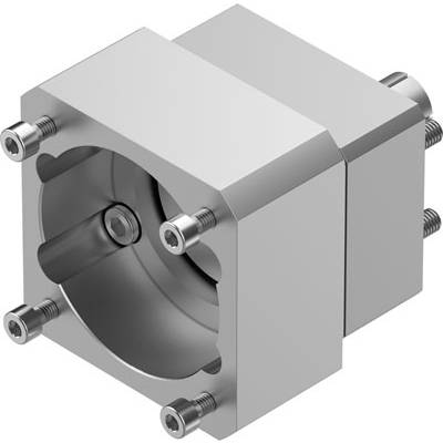 Srebrna metalowa obudowa z kilkoma śrubami w narożnikach, prawdopodobnie element jakiegoś systemu mechanicznego.