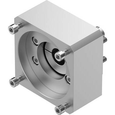 Blok metalowy z cylindrycznym wyfrezowaniem i śrubami w narożnikach, prawdopodobnie element maszyny lub komponenta obudowy.