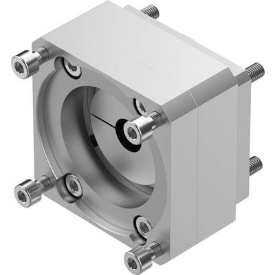 Cylindryczny element maszyny wykonany z metalu, z widocznymi śrubami w narożnikach i wewnętrzną przestrzenią w kształcie koła.