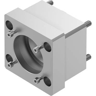 Blok metalowy z czterema śrubami, z cylindrycznym wycięciem pośrodku. Element mechaniczny, prawdopodobnie łącznik.