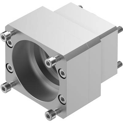 Metalowy uchwyt z wieloma śrubami, cylindryczny otwór pośrodku. Stosowany do mocowania lub łączenia w konstrukcjach mechanicznych.