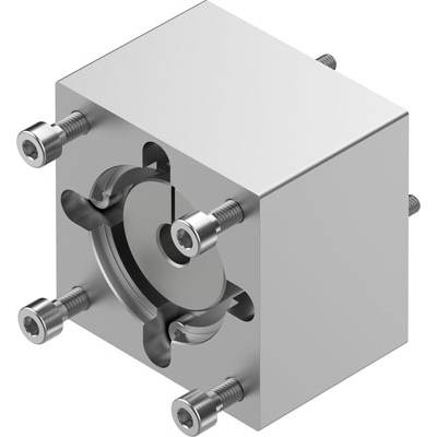 Blok metalowy z centralnym otworem i zamocowanymi śrubami w narożnikach, prawdopodobnie element mechaniczny lub przemysłowy.