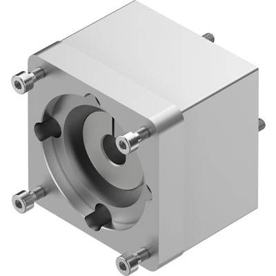 Metalowy, sześcienny blok metalowy z okrągłym wgłębieniem pośrodku i śrubami w narożnikach; element techniczny.