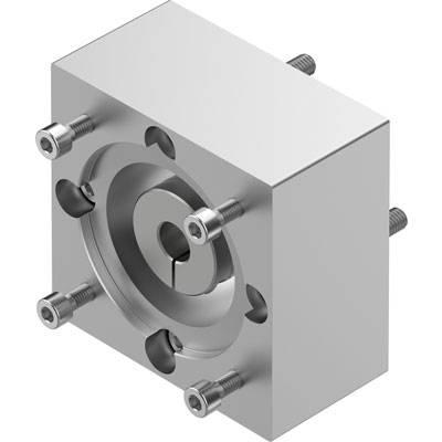 Blok metalowy z cylindrycznym wycięciem i pięcioma śrubami. Stosowany do mocowania lub jako forma do celów technicznych.