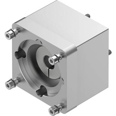 Srebrny element metalowy o kształcie kwadratu z cylindrycznymi wypustkami w narożnikach, prawdopodobnie część jakiegoś podzespołu maszynowego.