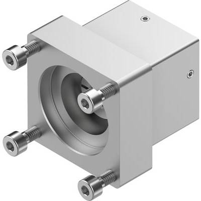Srebrny element metalowy o kwadratowej podstawie i czterech śrubach w narożnikach. W środku znajduje się okrągły otwór.