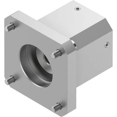 Srebrny blok metalowy z cylindrycznym wnętrzem, przymocowany czterema śrubami w narożnikach.
