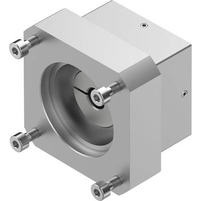 Metalowy adapter klemowy o kształcie kwadratu, z czterema śrubami w narożnikach oraz centralnym otworem cylindrycznym.
