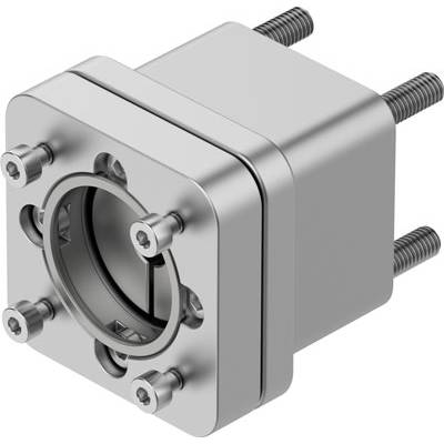 Przemysłowy element metalowy z śrubami i bolcami, prawdopodobnie część systemu mechanicznego lub aparatu.