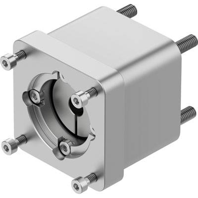 Czworokątne metalowe pudełko z sześcioma śrubami, prawdopodobnie obudowa lub element urządzenia mechanicznego.