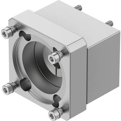 Blok metalowy z okrągłym wycięciem, czterema śrubami w narożnikach. Stosowany jako element mechaniczny.