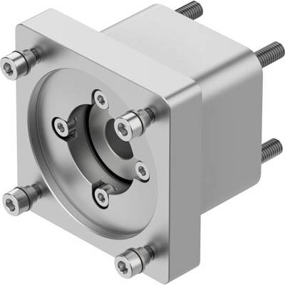 Srebrny, mechaniczny element z sześcioma śrubami, prawdopodobnie część obudowy lub element łączący w kształcie kwadratu.
