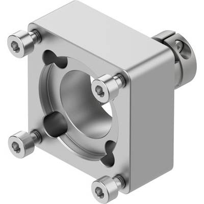 Metalowy element mechaniczny z centralną cylindryczną przestrzenią wewnętrzną, otoczony czterema śrubami w narożnikach służącymi do mocowania.